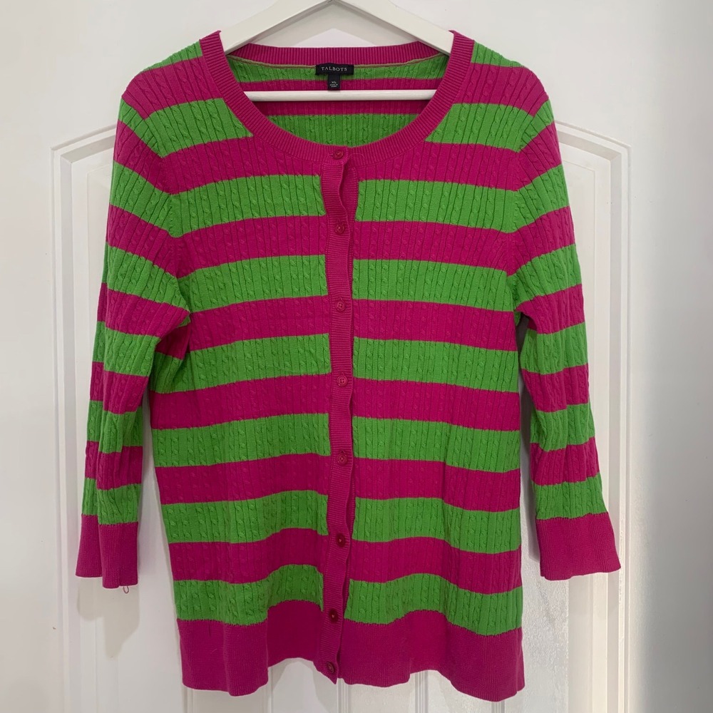 Talbots XL Pink Green Striped Cable Knit Cotton Cardigan Sweater 3/4 Sleeve